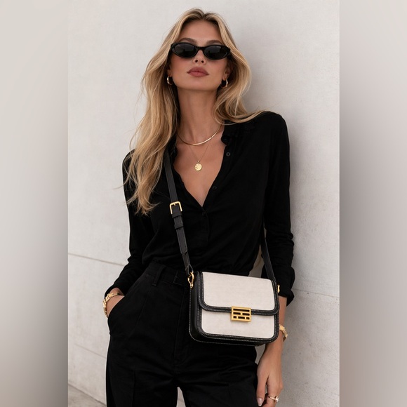 Frame Handbags - FRAME Le Signature Mini Bag Black Cream Canvas Leather Crossbody Brass Hardware